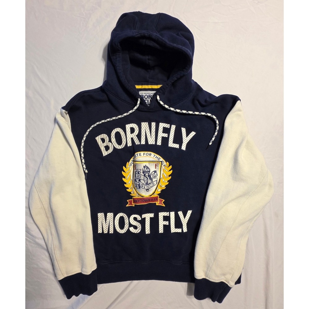 Born Fly Most Fly Hoodie Mens XL Navy White Embroidered Graphic Pullover